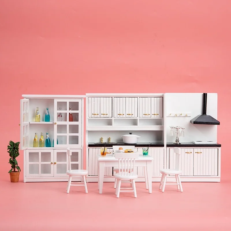 

1:12 Миниатюрный Кукольный дом, кухонный кулинарный стол, обеденный стол и стулья, набор шкафов, реквизит, кукольная мебель