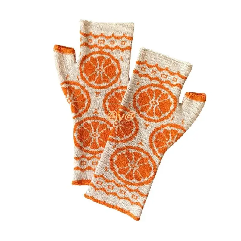 

Touchscreen Half-finger Gloves Women Knitted Mitten Fashion Orange Pattern Glove