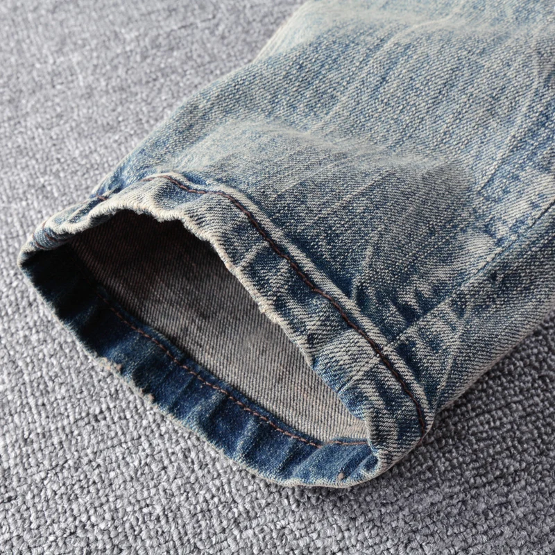 Fashion Vintage Men Jeans Retro Gray Blue Elastic Slim Fit Ripped Jeans Men Stretch Trousers Patched Designer Denim Pants Hombre