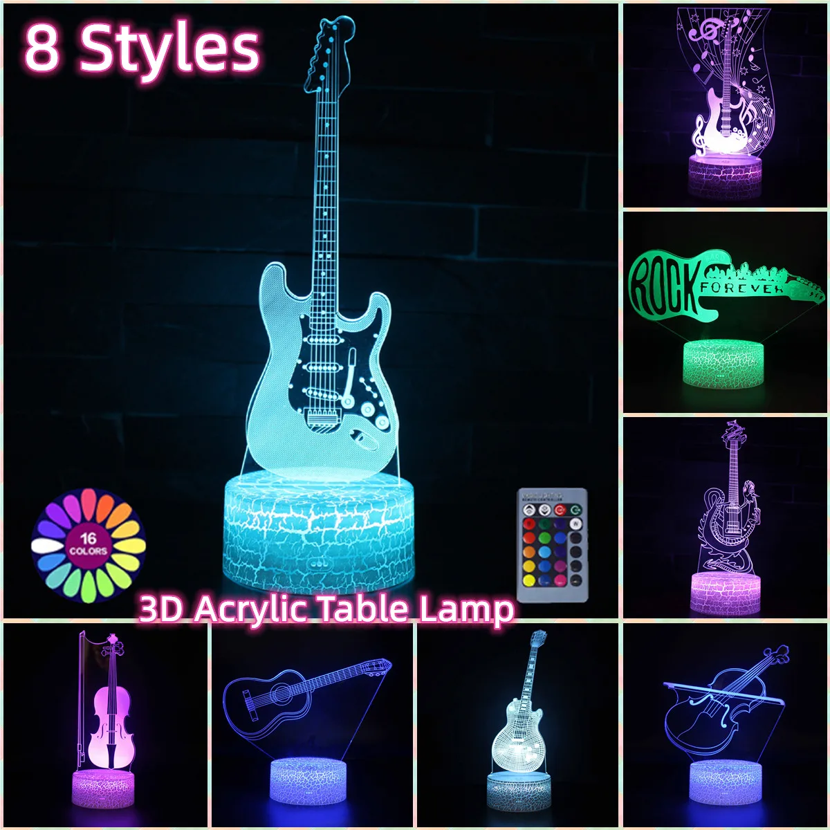 

Acrylic 3D Table Lamp Touch Remote Control Bass Guitar Violin Home Room Decor LedLights Lamp Creative Music Night Lights Gift