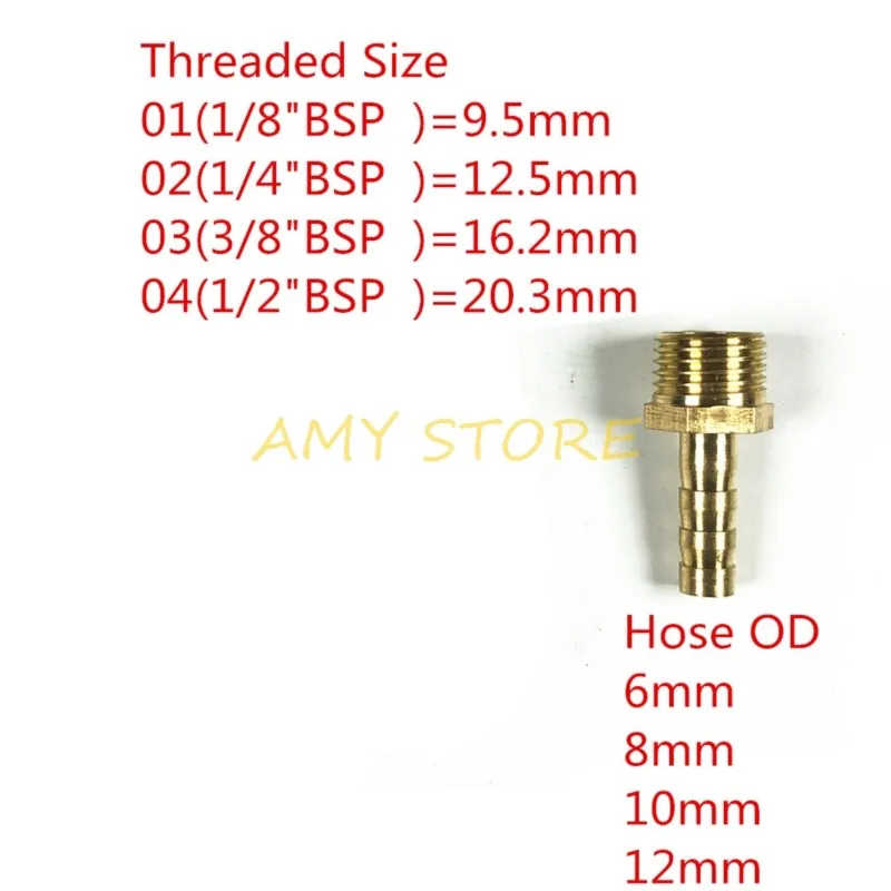 

Brass 6 8 10 12mm OD Barbed Tail Air Hose Tube-Male 1/8" 1/4" 3/8" 1/2" BSP Threaded Fittings Coupler Adater Connectors