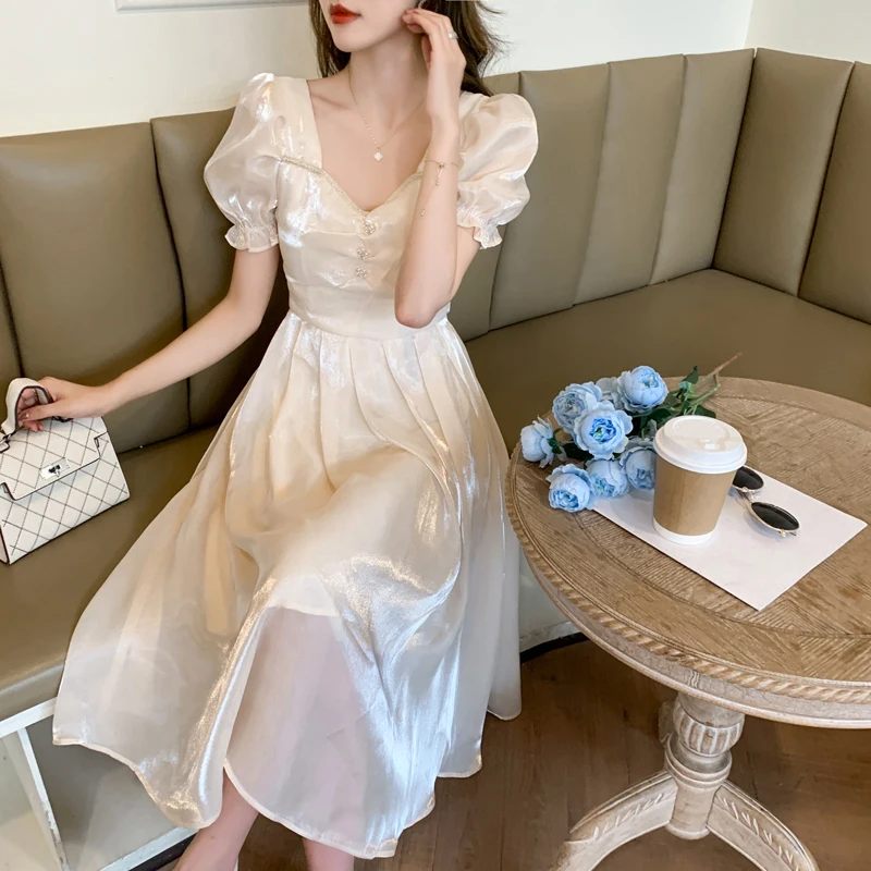 

French Style Temperament Elegant Women's Frock Summer Solid Color Puff Sleeves Square Collar Folds Simple A-line Fashion Dresses