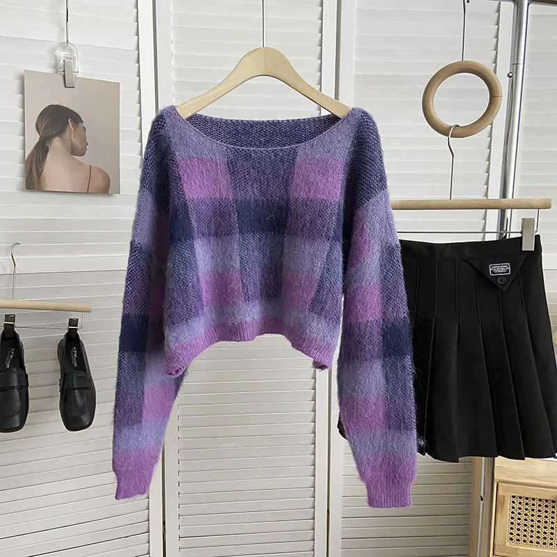 

Knit Sweater Korean Style Women Striped O-Neck Sweaters Short Chic Pullover Female Casual Purple Loose Fit Clothes Dropshipping