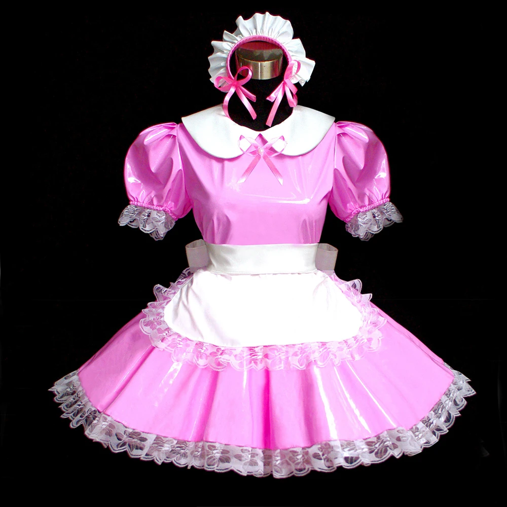 

tailor-made sexy adult dressing cross maid sissy short pink thin pvc dress lockable uniform peter pan collar custom-made[g495]