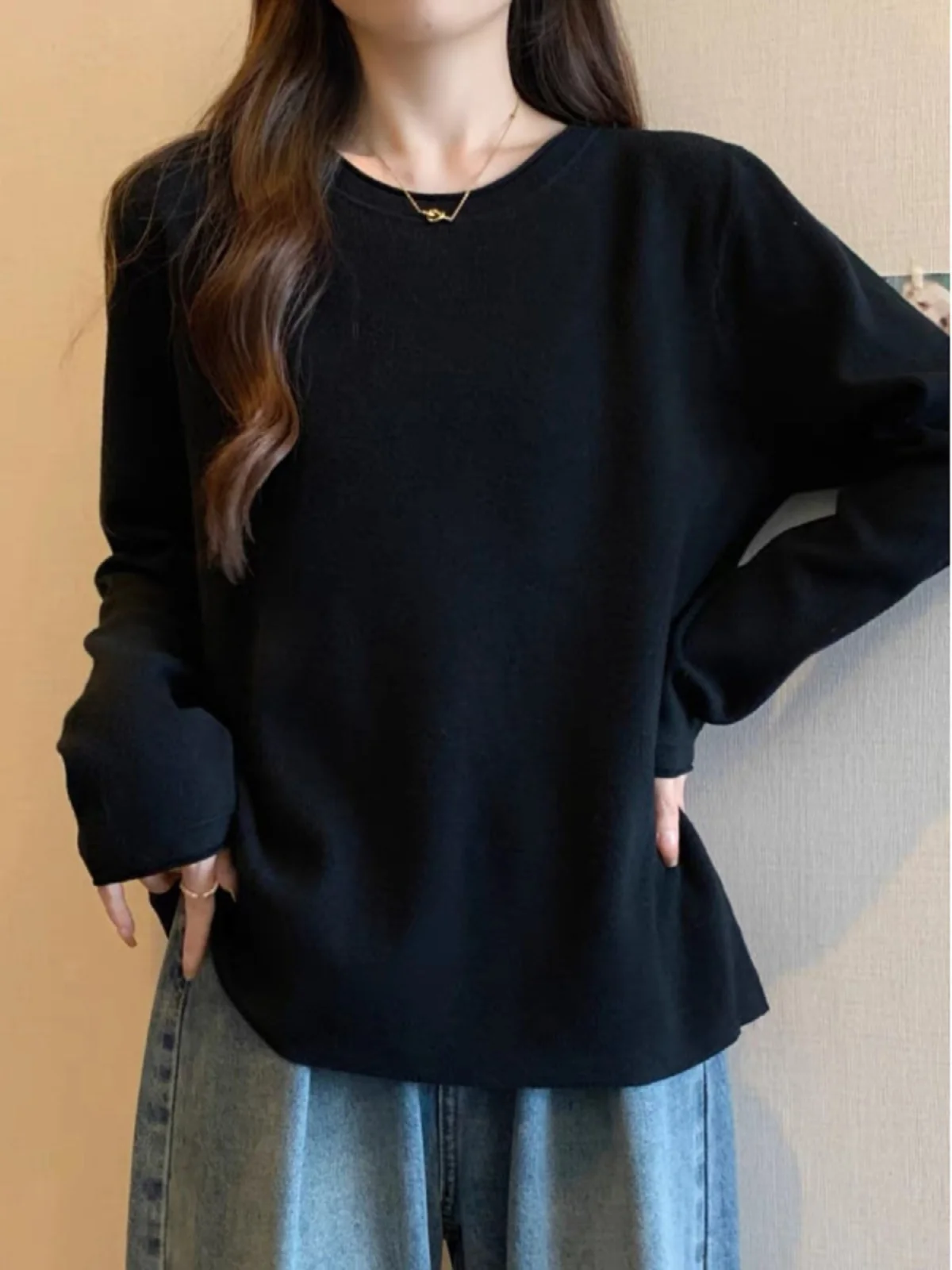 Пуловер с круглым вырезом дизайнерский смысл однотонный вязаный свитер нижняя