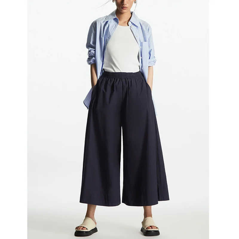 

2022 Summer New Women's Navy Blue Loose Casual Pants Ladies Elastic Waist Commuter Double Pockets and Ankle Wide Leg Trousers