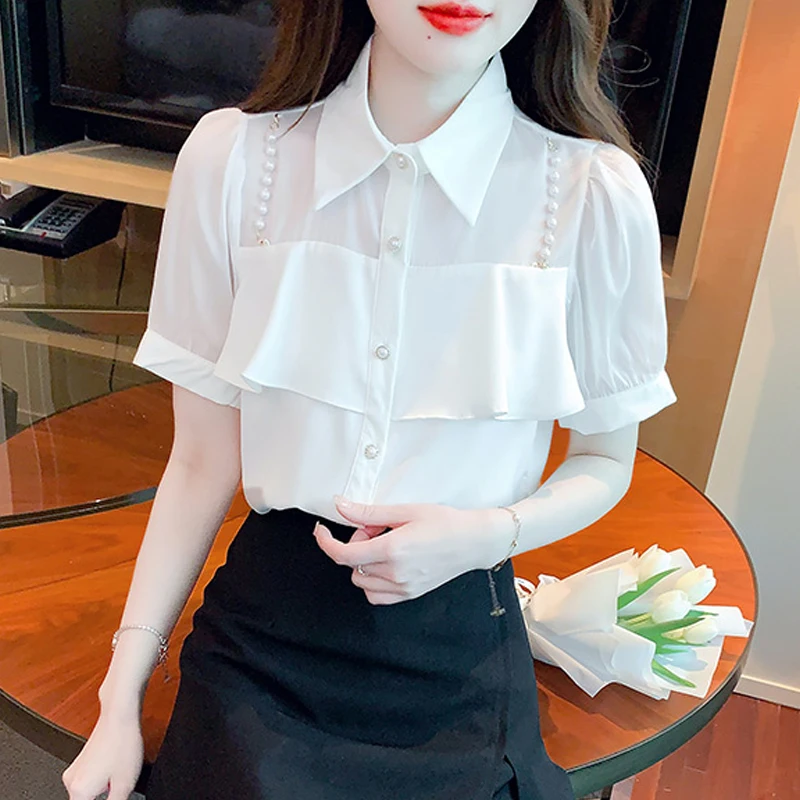 Женская шифоновая блуза с коротким рукавом отложным воротником и бисером