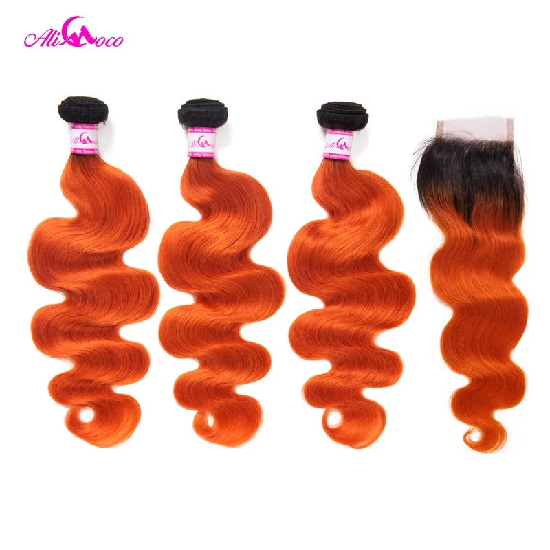

Ali Coco 1B Orange Brazilian Body Wave With Closure 28 30 Inch Human Hair Bundles With Closure 4x4 5x5 Closure Remy Hair