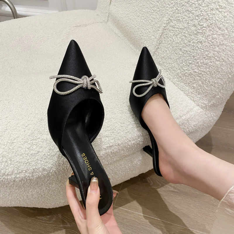 

Женские шлепанцы с острым носком, туфли-лодочки на высоком каблуке с бантом и кристаллами, обувь с ремешком на пятке, 2023