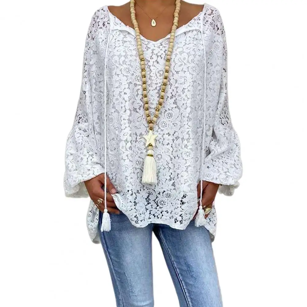 

Blouse Women T-shirt V-neck Lace Long Sleeve Solid Color Loose Flower Embroidery Pullover Hollow Out Summer Top Female Clothes
