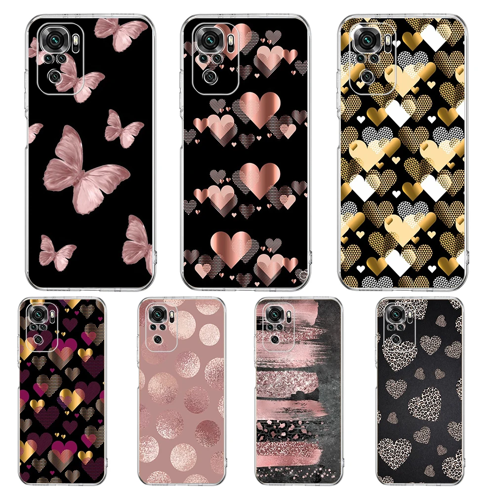 Gold Pink Rose Glitter Hearts Phone Case For Xiaomi Redmi Note 14 13 12 5G 9S 9 10 11 Pro Plus 4G 9T 14C 13C 12C 10C 9C 9A Cover