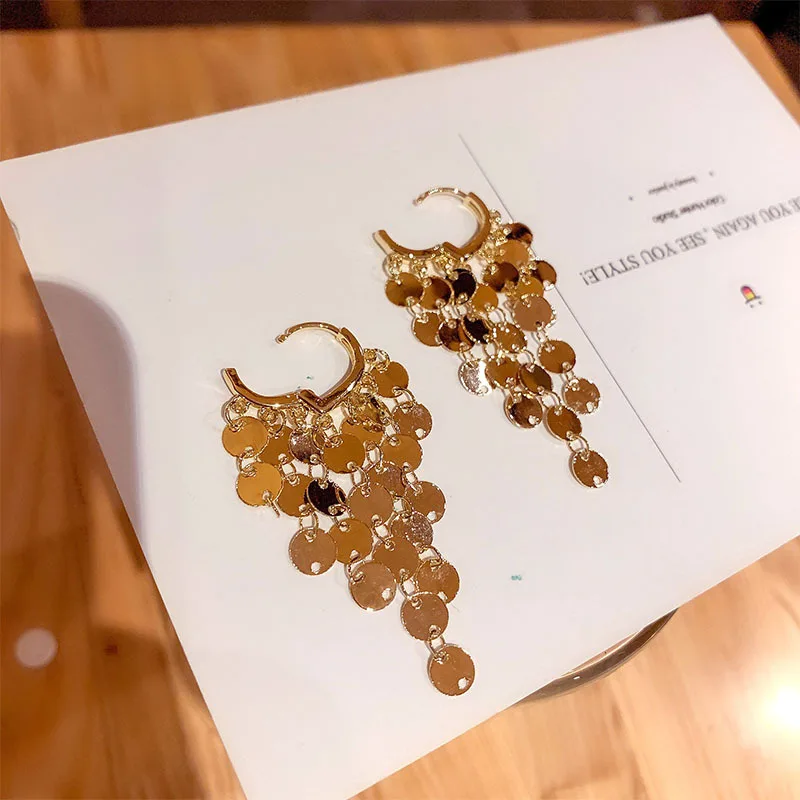 

Korean version metal sequin fringed earrings women's 2023 new trendy premium design sense earrings long earring earrings