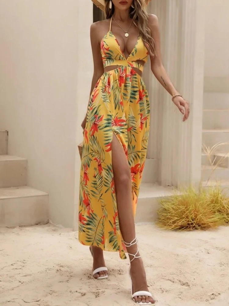 

Women's Dresses Tropical Print Backless Bow Knot Halter Neck Mixi Holiday Beach Slit Thigh Long Dress Summer Clothes for Women