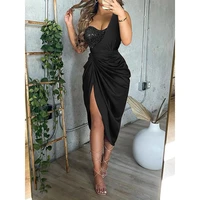 dress for women sequin pleated slit 2022 women solid dresses one shoulder wrap chest midi vestidos clothing outfit lady fiesta