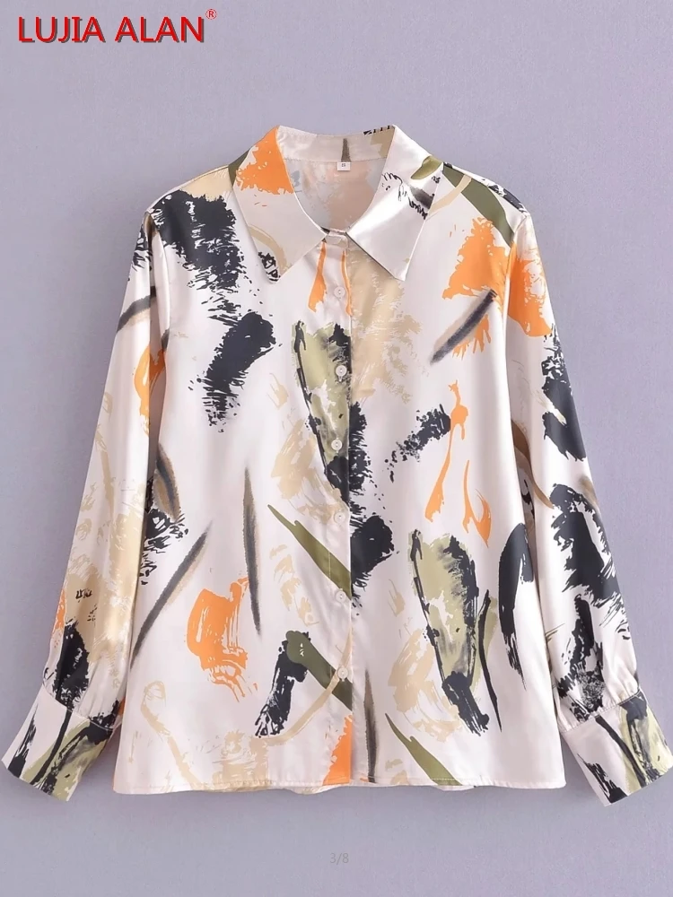 

Новые женские рубашки с принтом граффити из сатина с отложным воротником повседневные свободные рубашки с длинным рукавом LUJIA ALAN B958