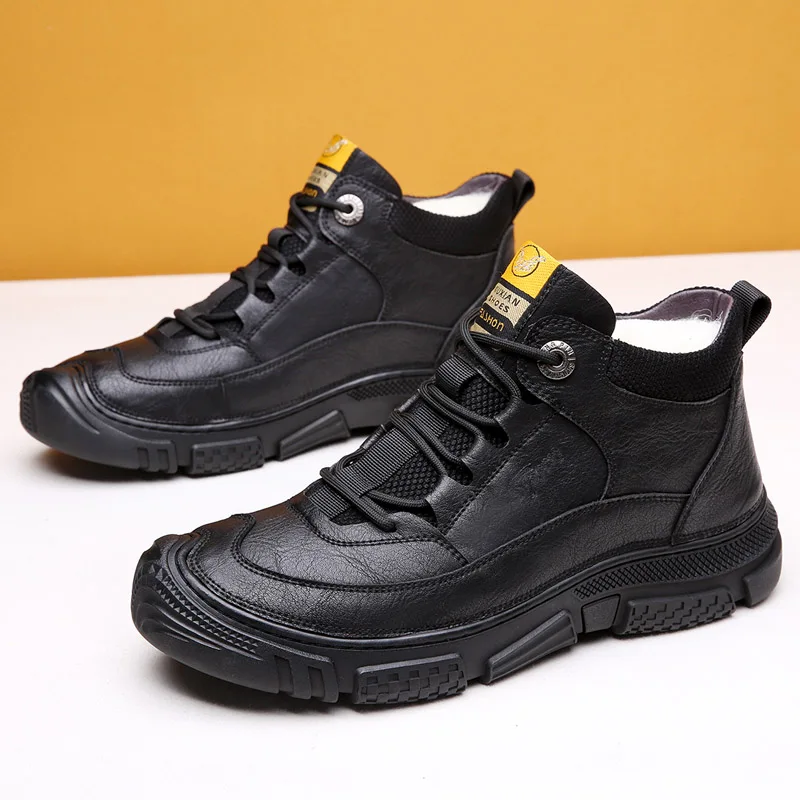 Зимние плюшевые ботинки мужские повседневные кожаные байкерские высокие