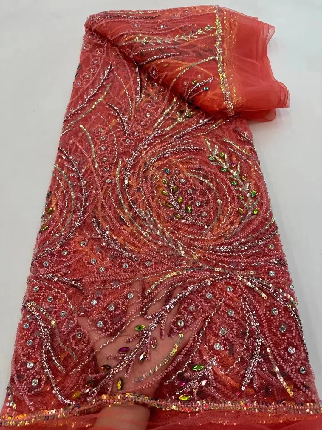 

Nigerian French Sequins Lace Fabric Hot Sale Handmade 2023 Embroidered African Beaded Net Mesh Lace Fabric For Women Sewing