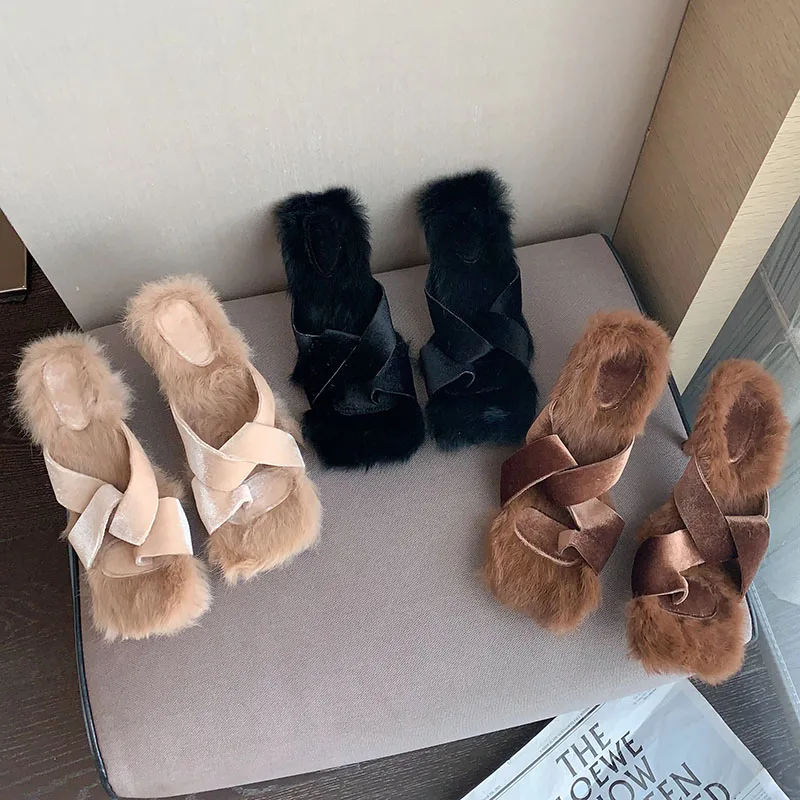

2022 New Fashion Furry Plush Ladies Pumps Shoes Slides Outdoor Casual Female Slippers Elegant Women High Heels Sandals