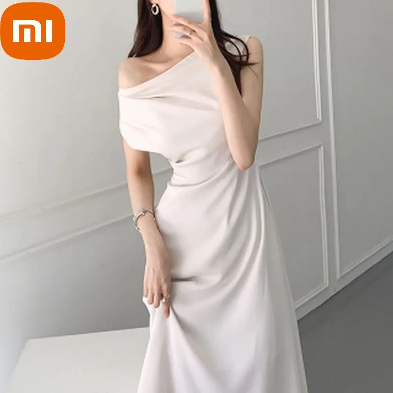 

XIAOMI Summer Designer Solid Dress Women French Sexy Chic Party Midi Dress Female Office Lady Teatime Wear One-piece Dress