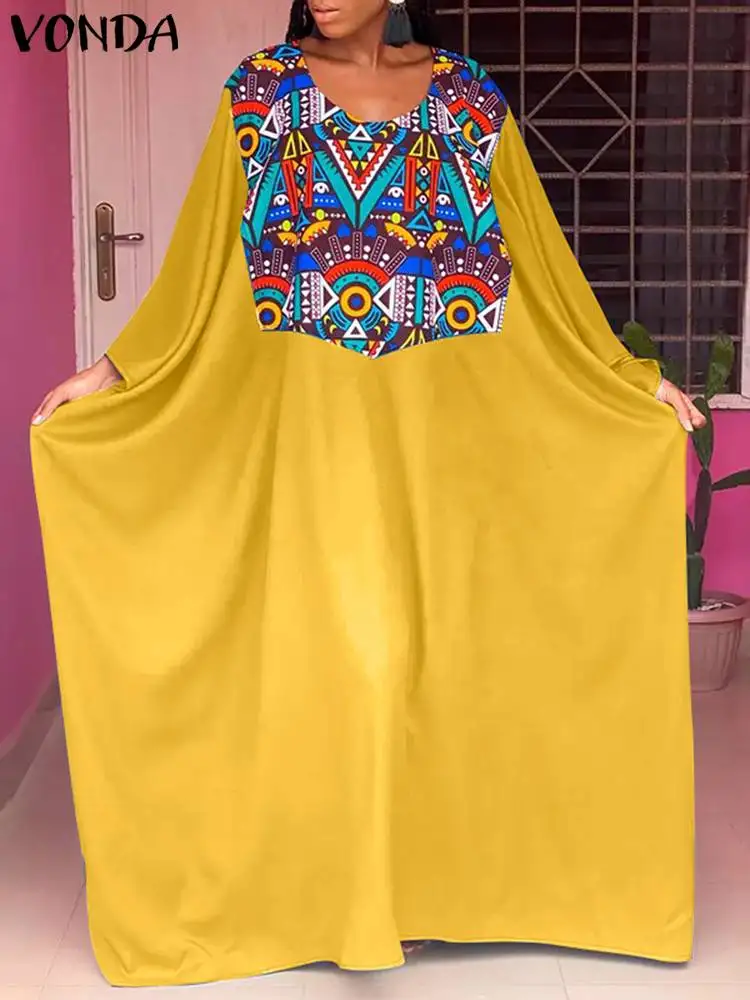 

VONDA вечернее платье большого размера 2022 осеннее женское платье с длинным рукавом летучая мышь винтажное богемное платье повседневное атласное Плиссированное Макси-платье