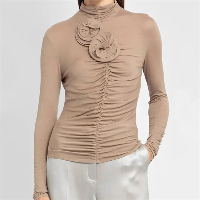 

Женская футболка с длинным рукавом, плиссированная облегающая футболка с цветочным 3D рисунком, пуловер с высоким воротником в Корейском стиле, y2k traf, Новинка осени 2023
