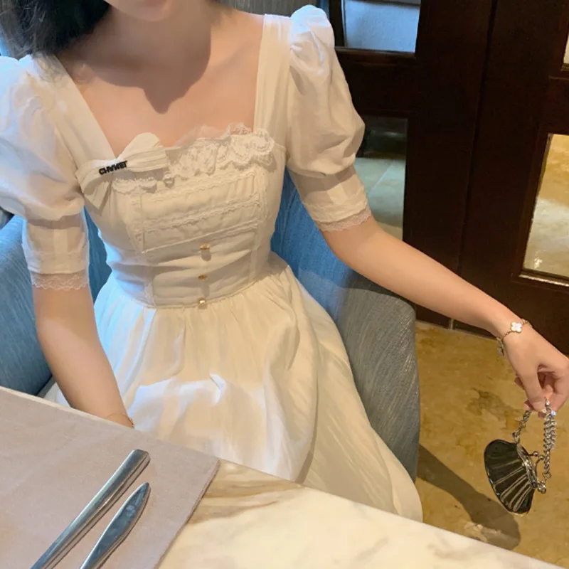

Long White Dress Women Party Lace Y2k Dresses Square Neck Lace Summer Elegent Sexy Palace A-line High Waist Goddess Dress