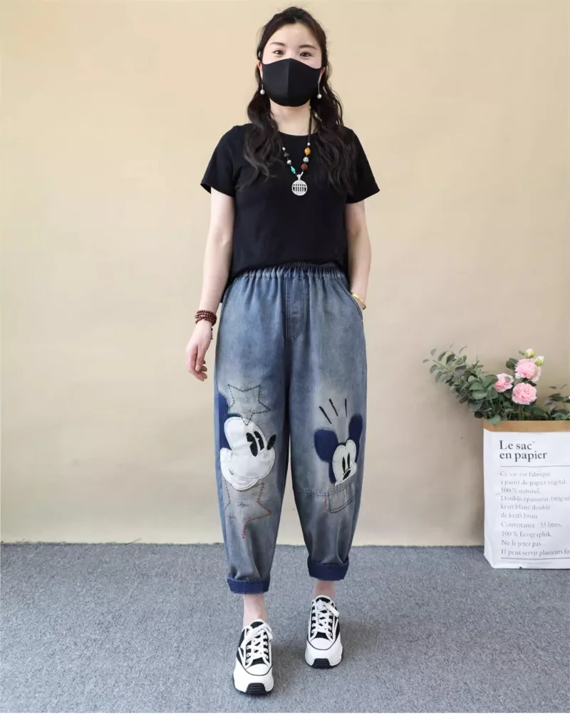 Женские рваные джинсы с вышивкой в стиле ретро