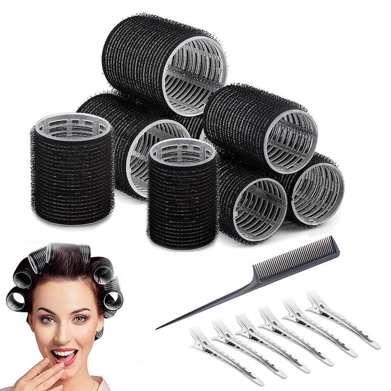 13pcs Black Jumbo Self Grip Hair Rollers with Clips Hair Curlers Heatless Jumbo Hair Bangs Volume Hook & Loop Styling Tools