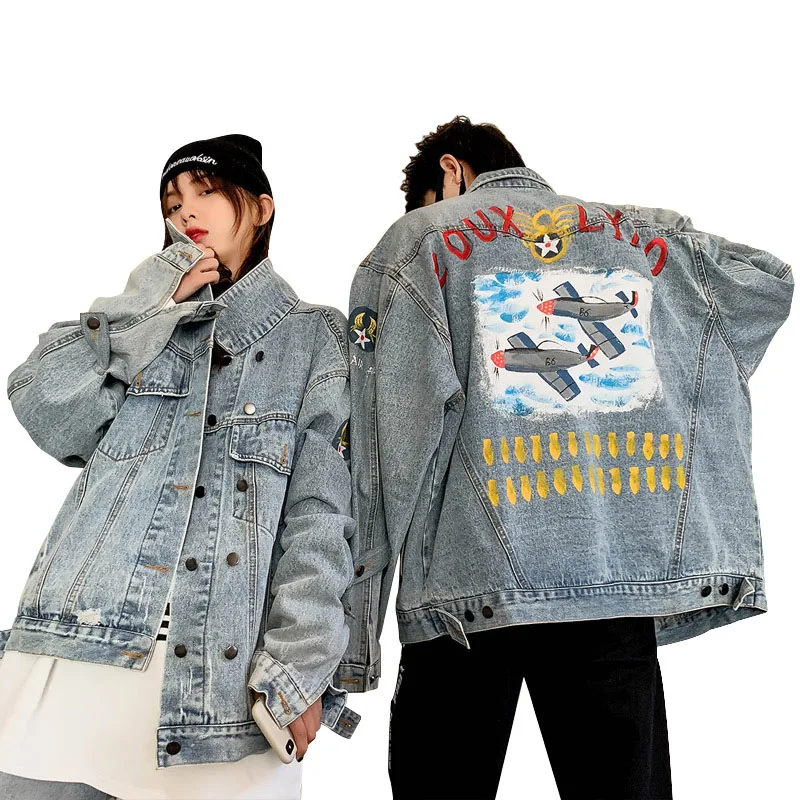 

Cartoon Hand Painted Denim Jacket Men And Women Couple Personality Print Fighter Bullet Pattern Autumn Casual Loose Outerwear