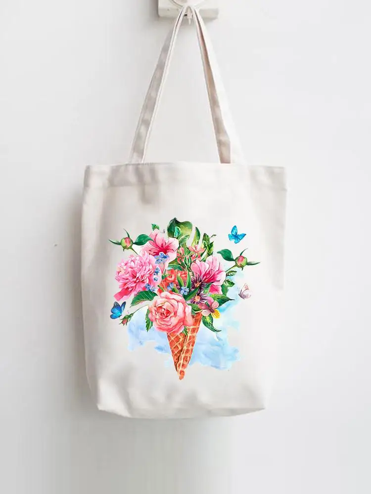 

Casual Shopper Ice Cream Flower Floral 90s Shopping Handbags Women Fashion Print Female Shoulder Girls Graphic Canvas Tote Bag