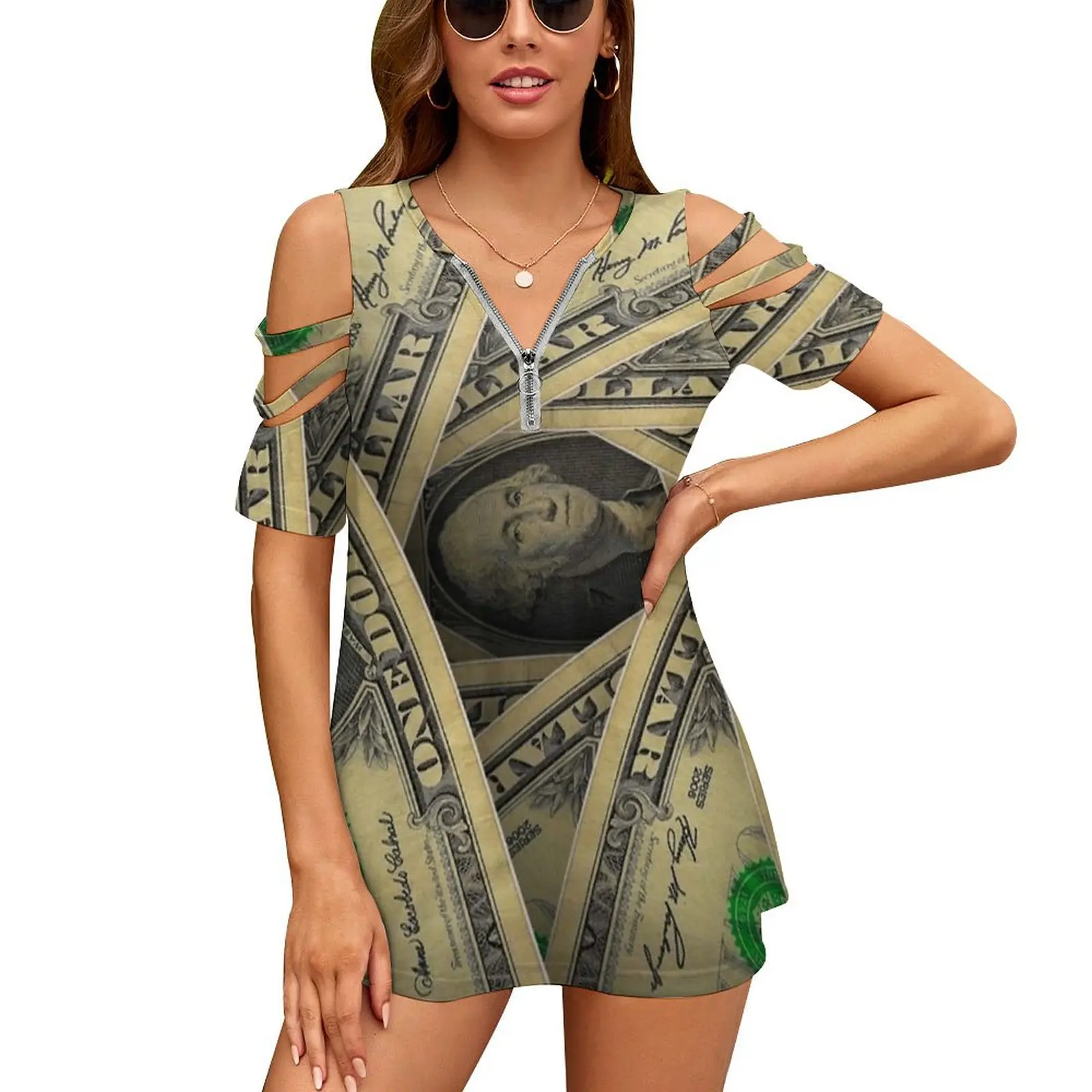 

Женская футболка с модным принтом, V-образным вырезом и молнией