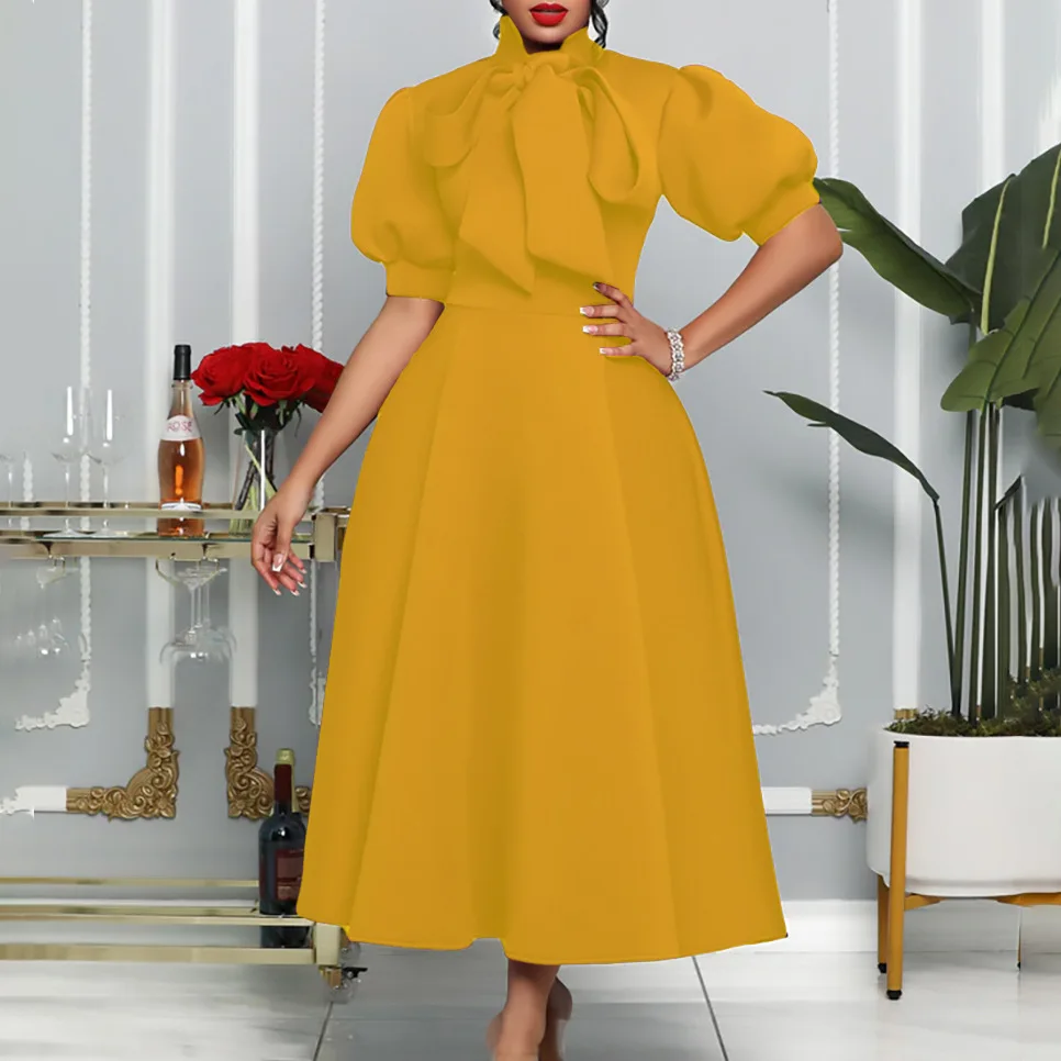 

2022 African Dresses for Women Summer African Women Short Sleeve Red Yellow White Purple Dress African Clothes Women S-3XL