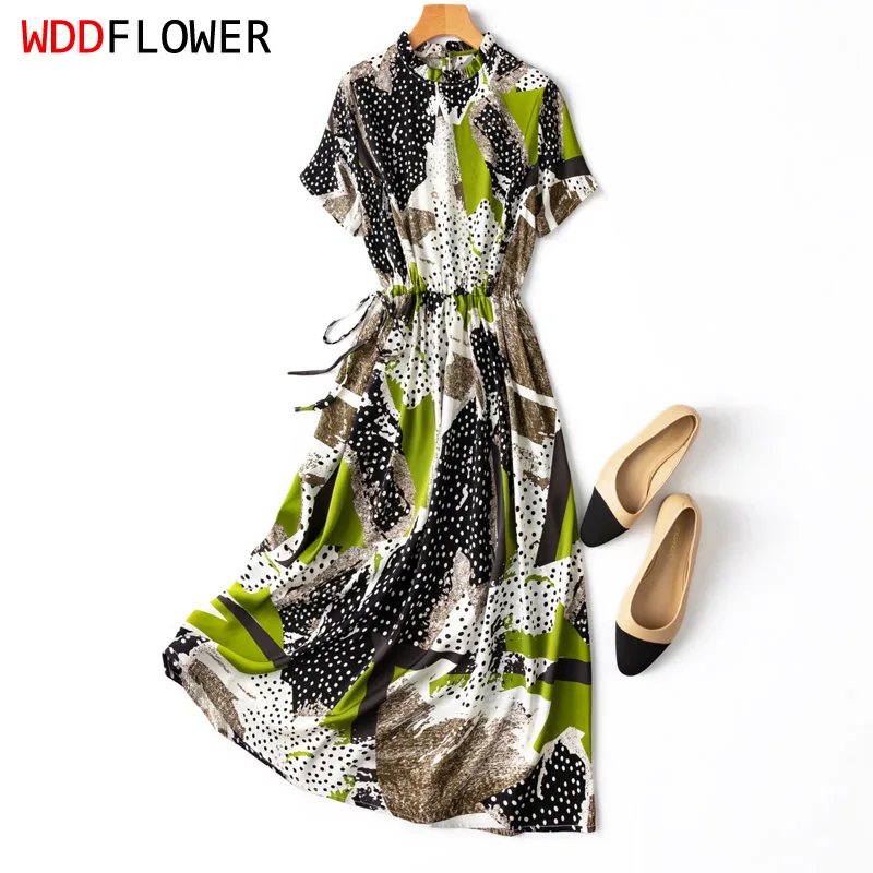 

Women 20 momme thick 95% Mulberry Silk 5% Spandex stand neck short sleeve belted waist green Dots Printed Long Midi Dress MM358