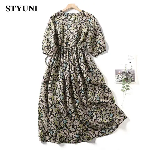 Black Base Floral Print Vintage A-Line V-Neck Elastic Waist Pullover Women's Dress Korean Fashion Mid-Calf Dresses For Women