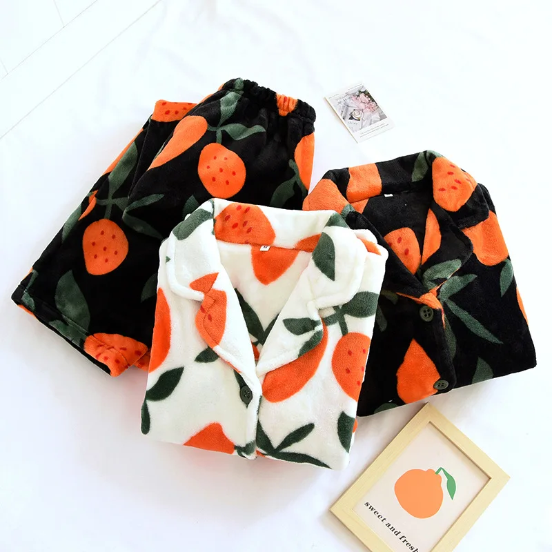 New Women's Pajamas Set Warm Flannel Orange Print Sleepwear Casual Homewear V Neck Nightwear For Female Autumn Winter Pajama