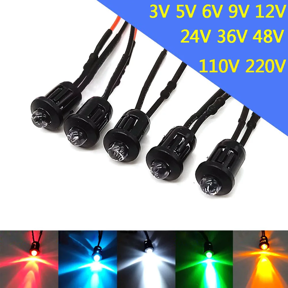 5pcs Ultra Bright 5mm Pre-Wired LEDs with Holders Emitting Diodes Bulb Lights for Hobbyists 3V 5V6V 9V 12V 24V 36V 48V 110V 220V