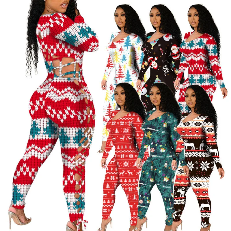 

5XL Christmas Party Costume Santa Claus Printing Jumpsuit for Women Long Sleeved Sexy Low Breast V-neck Slimming Tight Trousers