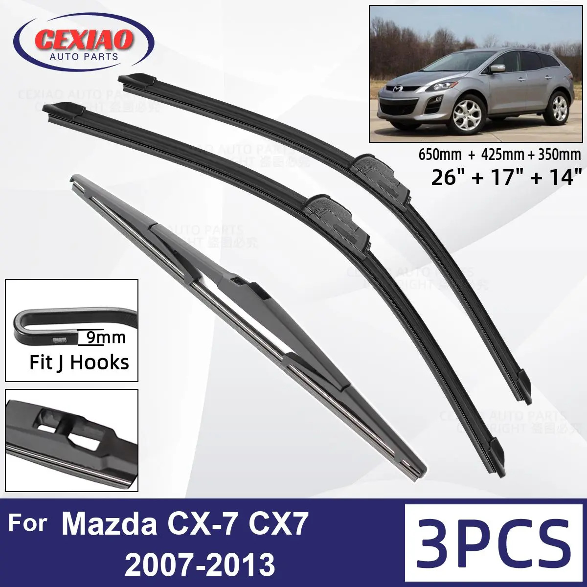 

For Mazda CX-7 CX7 2007-2013 Car Front Rear Wiper Blades Soft Rubber Windscreen Wipers Auto Windshield 26"+17"+14"2010 2011 2012