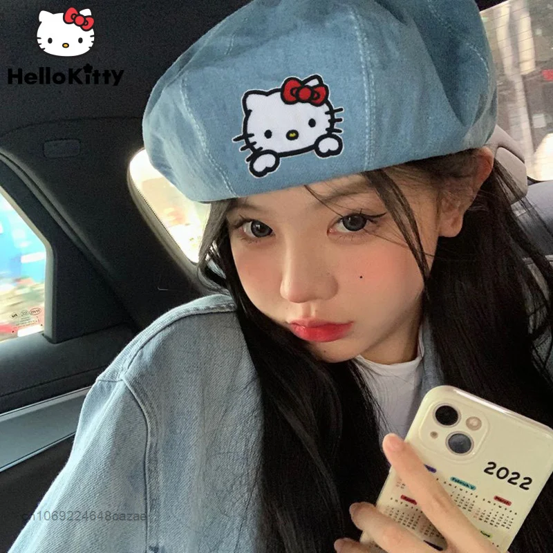 Sanrio Hello Kitty New Denim Beret Pumpkin Hat Streetwear Women Korean Cartoon Hats Y2k Fashion Caps Female Headwear Accessories