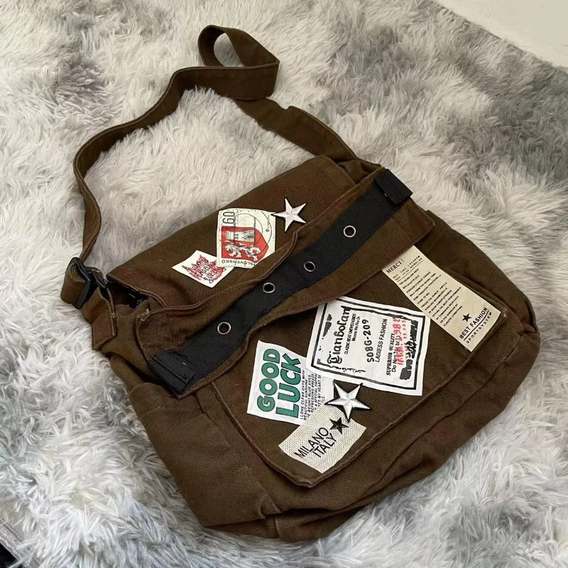 

MBTI Vintage Y2k Messenger Bag for Women Canvas Star Patch Students School Crossbody Bags American Fashion Retro Female Handbags