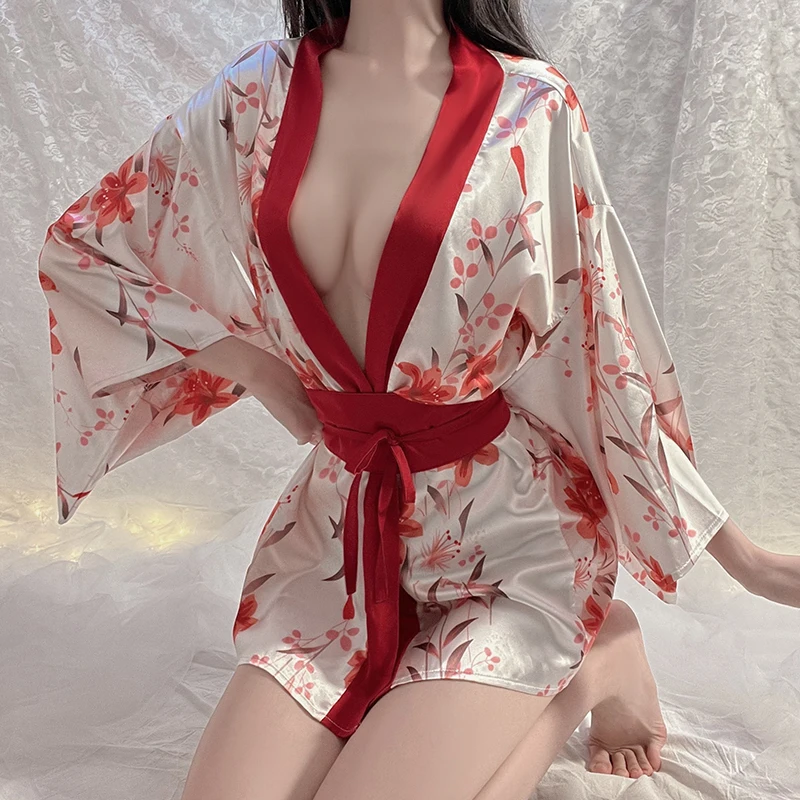 

Japanese Kimono Sexy Cosplay Lady Sash Tied Robe Hot Nightwear Low-Cut Dress Women Sex Yukata Costume Pajamas Cute Lingerie Set