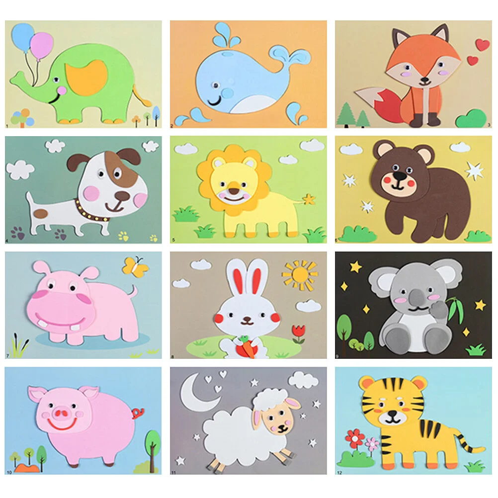 

12 Sheets Set Childrens Toys Animal Sticker Puzzle Game Crafts Kids Kits Eva Gifts Toddlers Playthings DIY Decals