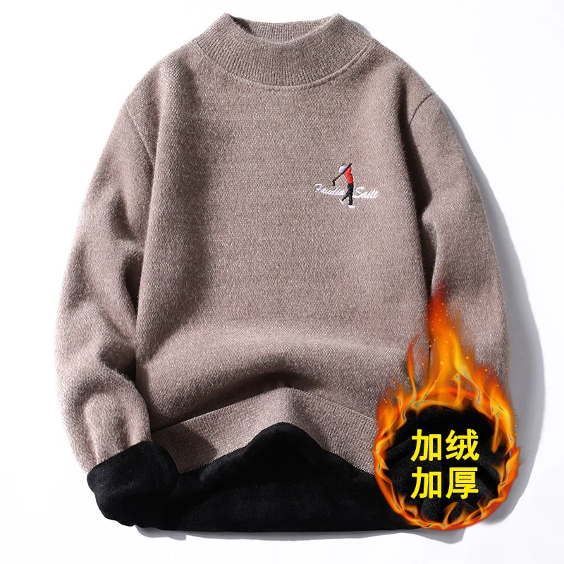 

New Autumn Winter Men's Knitted Sweaters Wool Plush Thickened Casual Business Male Mock Neck Pullovers Fashion Streetwear Tops
