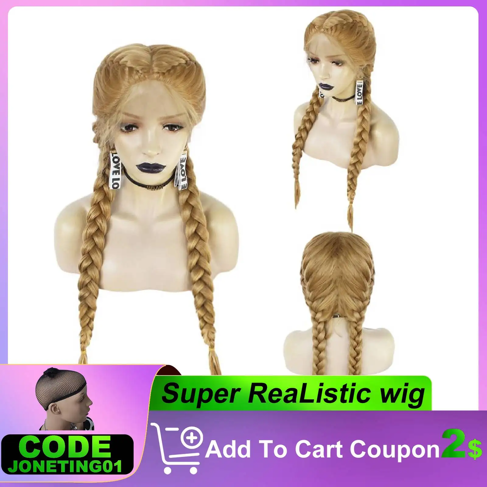 JONETING 30inch Blonde Two Braided Lace Front Wigs Heat Resistant Synthetic Lace Braided Wig African Glueless Box Braids Women