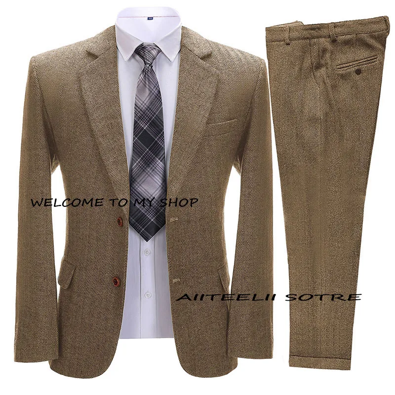 Men's Suit 2 Piece Retro Herringbone Jacket Homme Blazer Pant Casual Vintage Pant Set  mener anzug