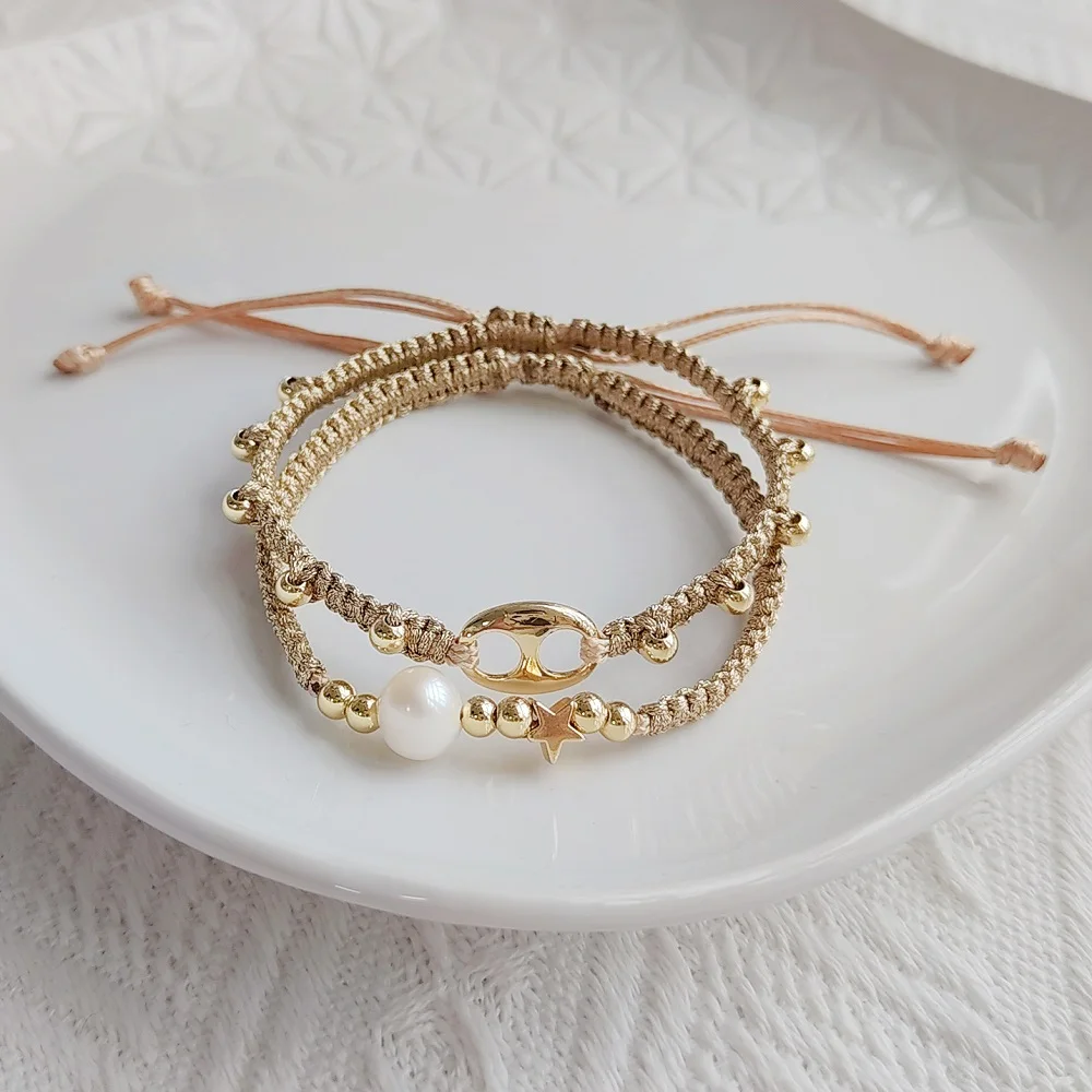 

KKBEAD 2022 Vintage Bracelets Handmade Braided Rope Bracelet For Women Accessories Pearl Star Charm Pulseras Femme Jewelry