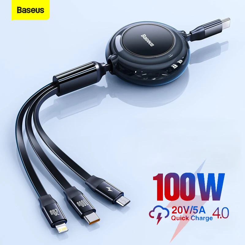 

Baseus Upgrade 100W 66W 3.5A Retractable 3 IN 1 Charging Cable for iPhone 14 13 12 Samsung Xiaomi Huawei Type C Micro USB Cable