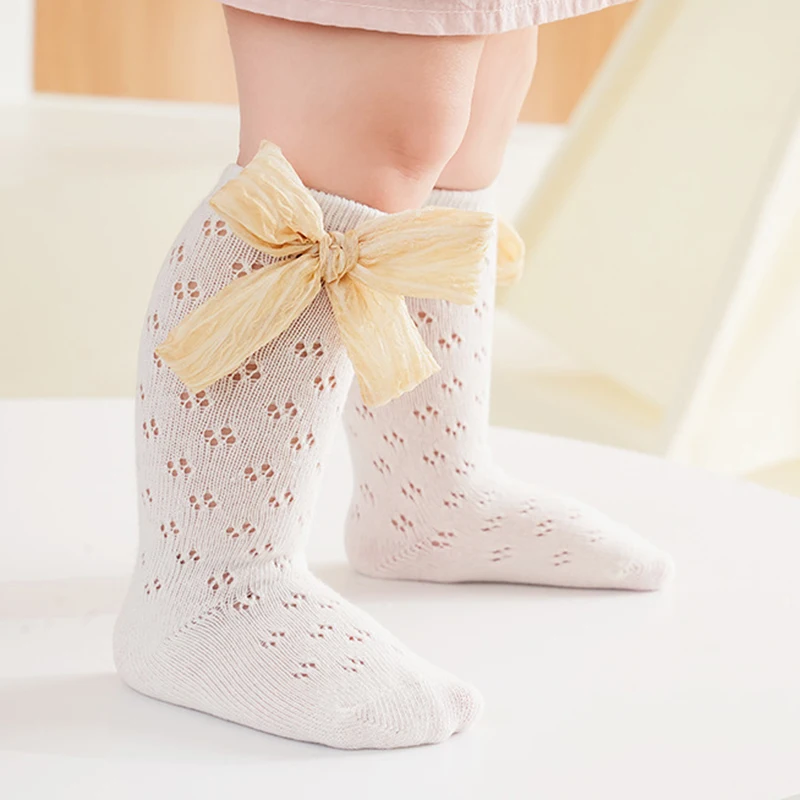 

Baby Girls Summer Long Stockings Princess Hollow-Out Mesh Big Bowknot Toddler Socks Solid Color Cute Knee-High Socks