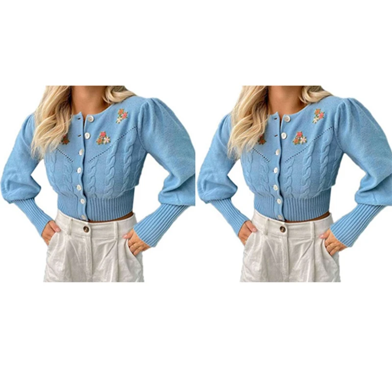 

Женский модный Повседневный короткий вязаный кардиган с вышивкой и круглым вырезом, синий