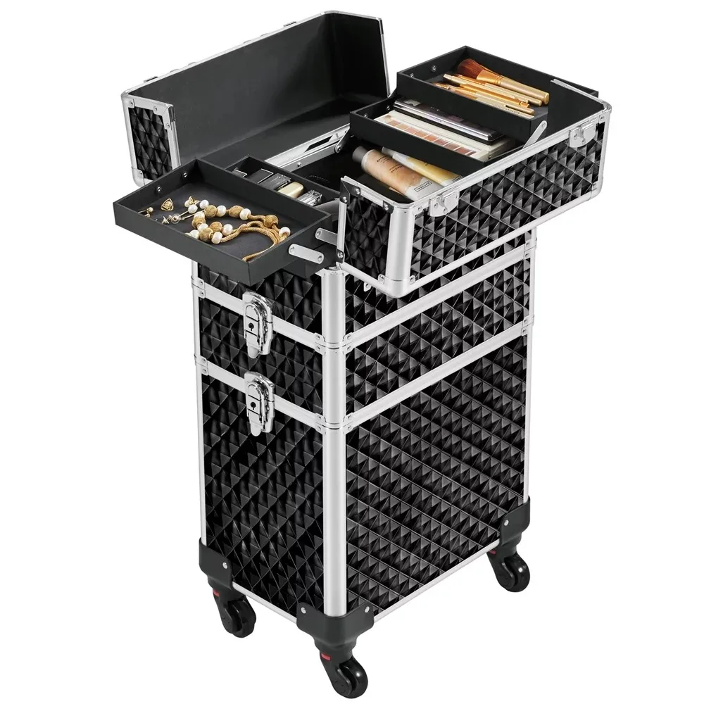 

3-in-1 Rolling Makeup Train Case Cosmetic Trolley, Black